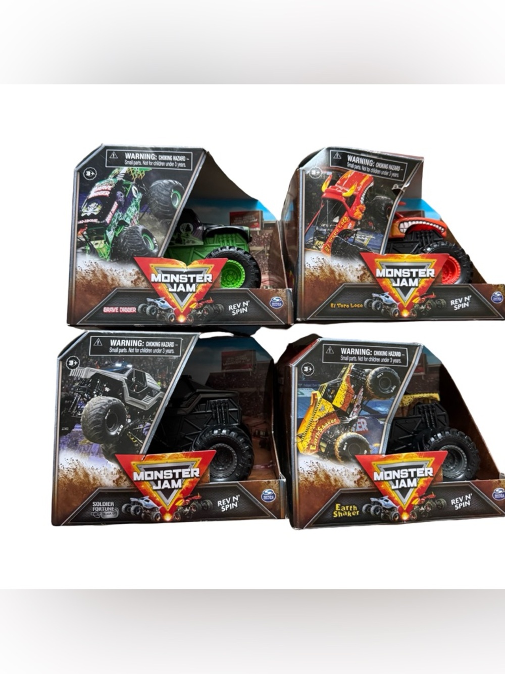 Monster Jam Rev N Spin Trucks Lot 4 Grave Digger El Toro Loco Earth Shaker 1:43